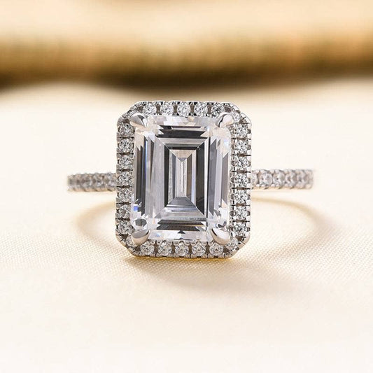 White Gold Classic Halo Emerald Cut Engagement Ring-Black Diamonds New York