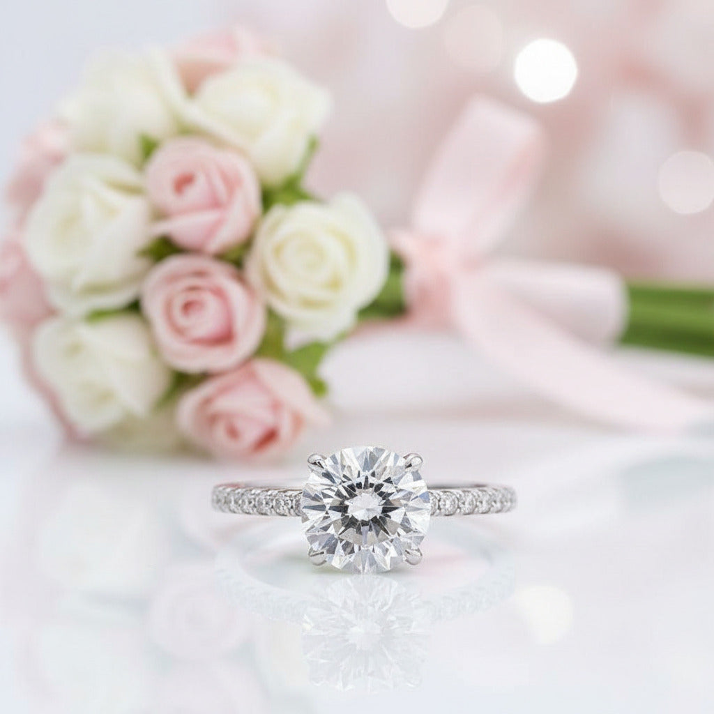 White Gold Classic Round Cut 4 prong Engagement Ring-Black Diamonds New York