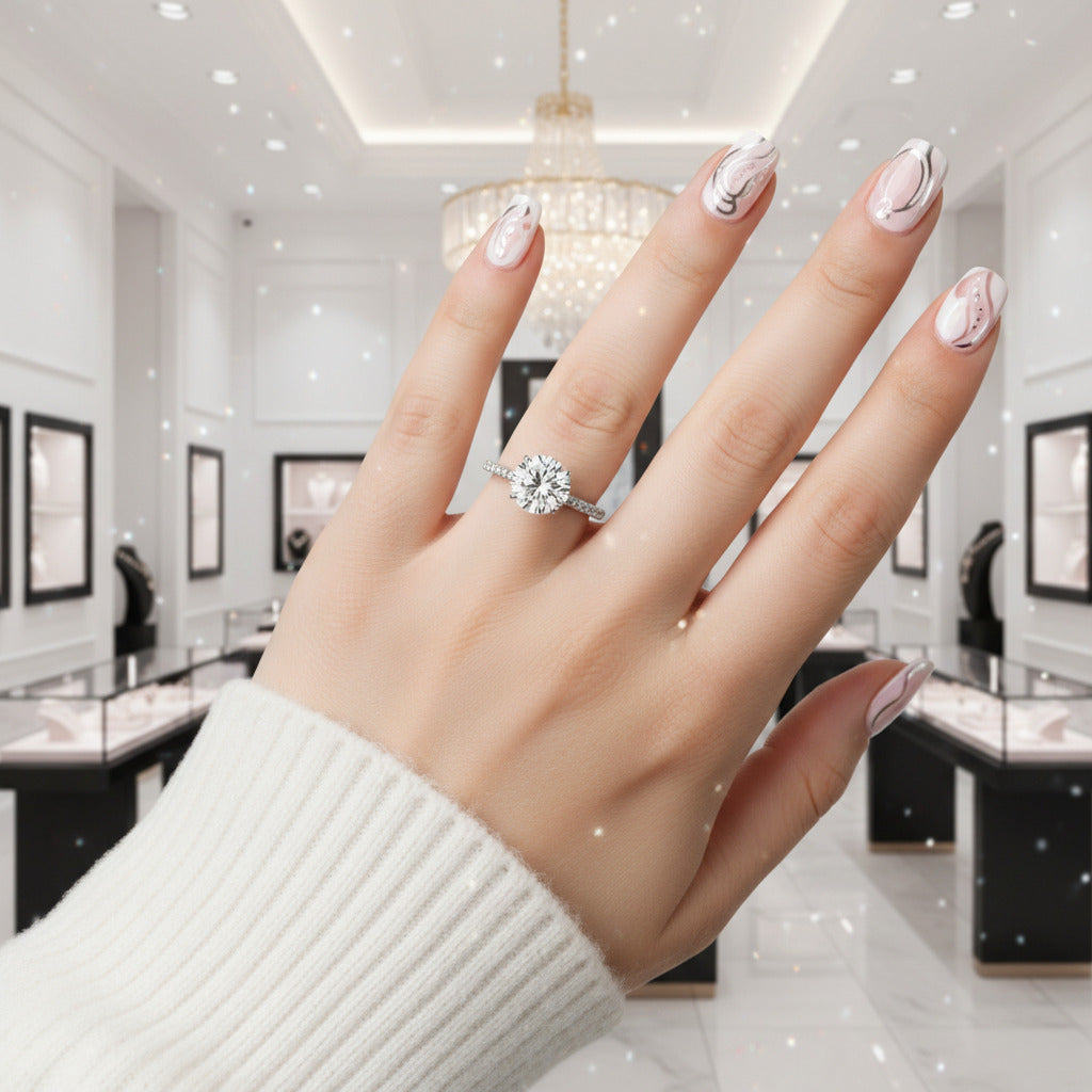 White Gold Classic Round Cut 4 prong Engagement Ring-Black Diamonds New York