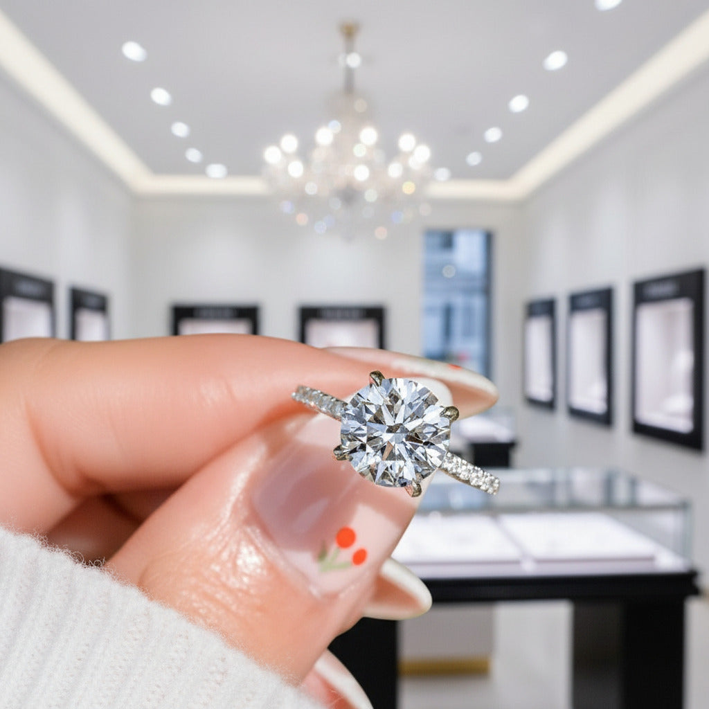 White Gold Classic Round Cut 4 prong Engagement Ring-Black Diamonds New York