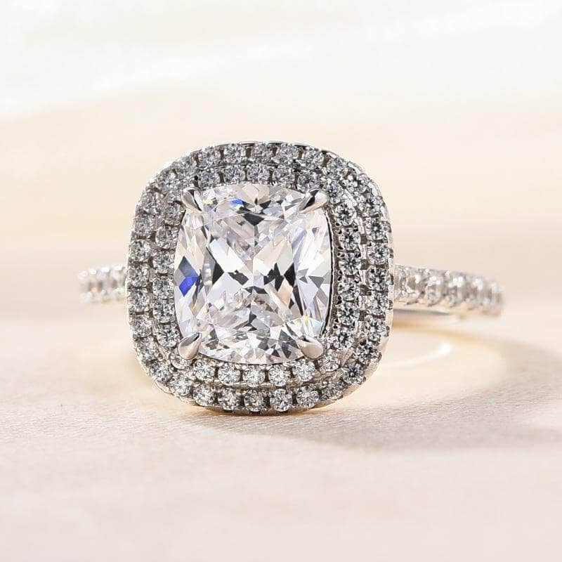 White Gold Double Halo Cushion Cut 2ct Engagement Ring-Black Diamonds New York
