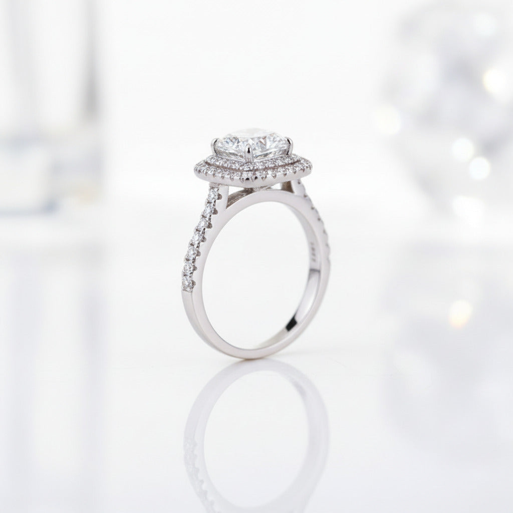 White Gold Double Halo Cushion Cut 2ct Engagement Ring-Black Diamonds New York