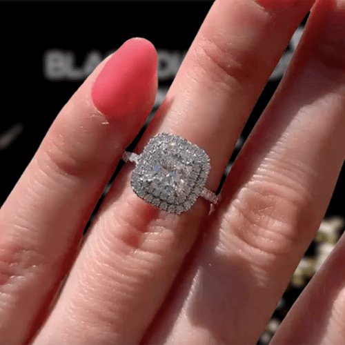 White Gold Double Halo Cushion Cut 2ct Engagement Ring - Black Diamonds New York
