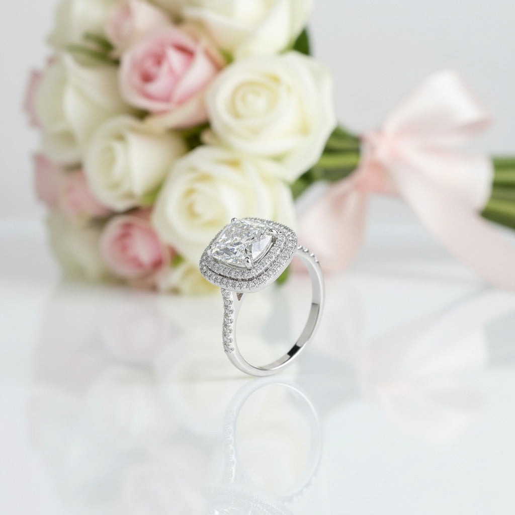 White Gold Double Halo Cushion Cut 2ct Engagement Ring-Black Diamonds New York