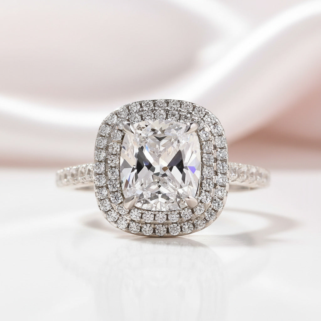White Gold Double Halo Cushion Cut 2ct Engagement Ring-Black Diamonds New York