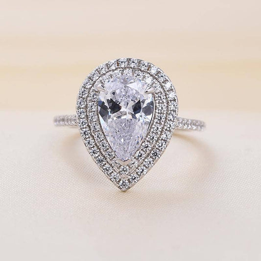 White Gold Double Halo Pear Cut Engagement Ring - Black Diamonds New York