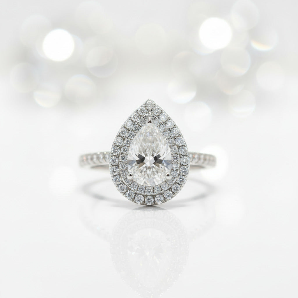 White Gold Double Halo Pear Cut Engagement Ring-Black Diamonds New York