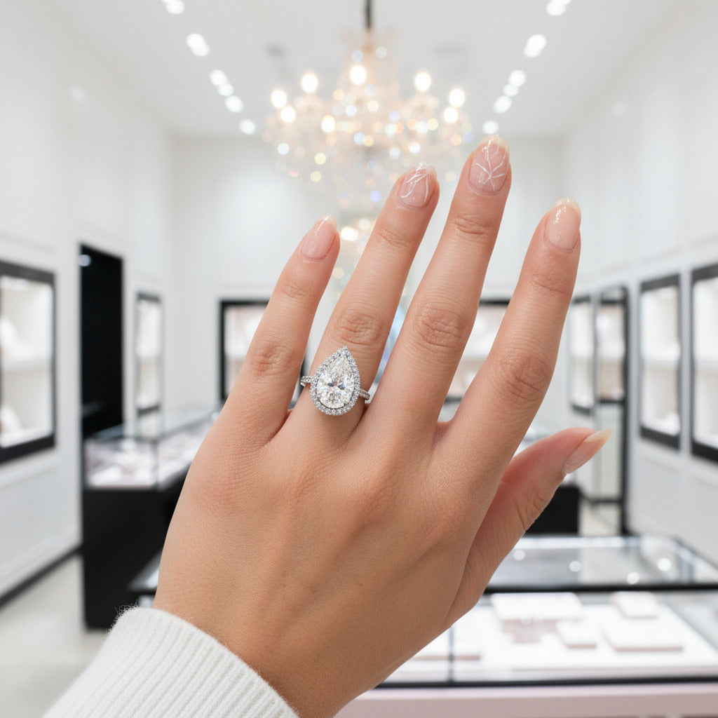 White Gold Double Halo Pear Cut Engagement Ring-Black Diamonds New York