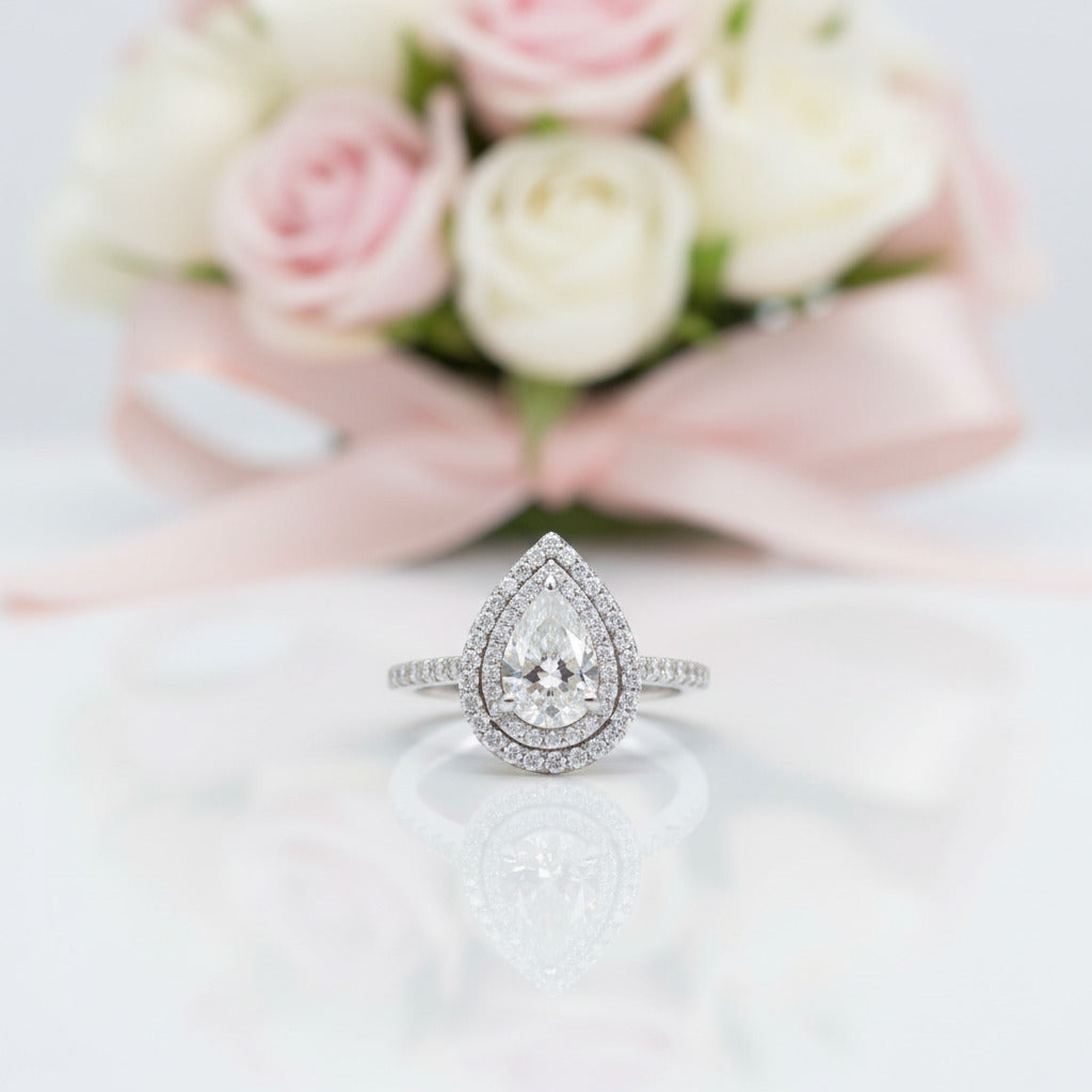 White Gold Double Halo Pear Cut Engagement Ring-Black Diamonds New York