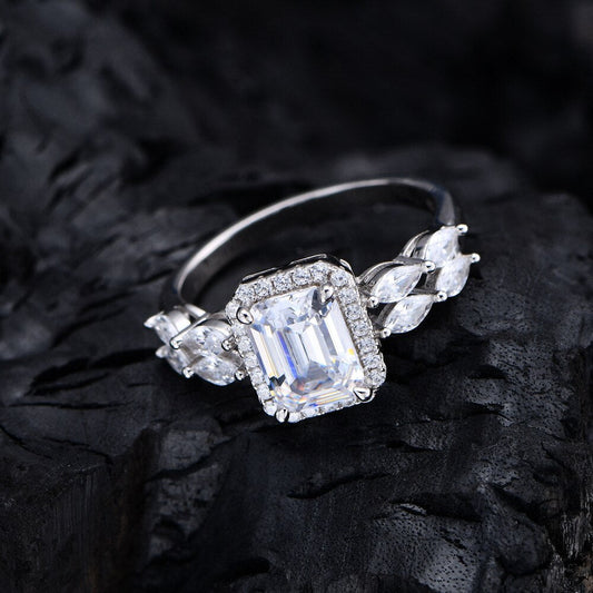 White Gold Emerald Cut Moissanite Engagement Ring-Black Diamonds New York
