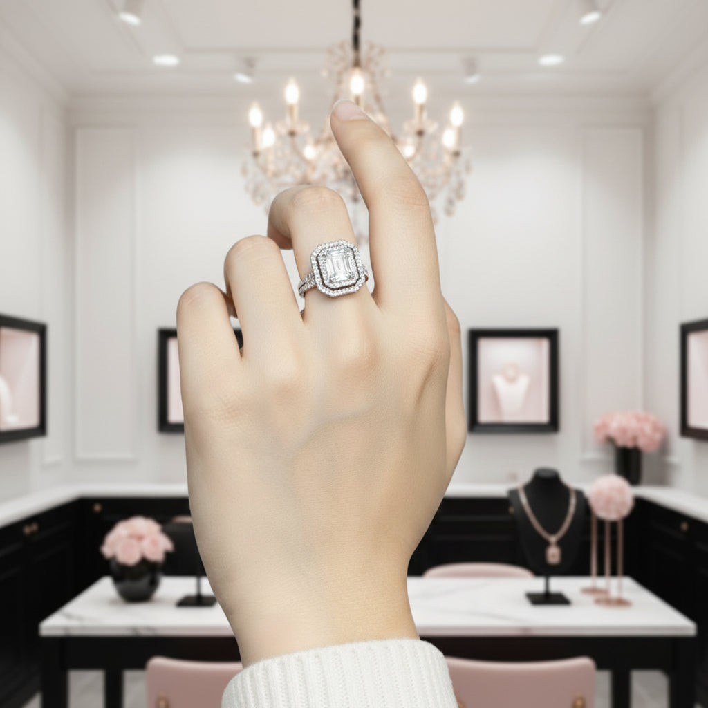 White Gold Emerald Cut Diamond Option Halo Engagement Ring-Black Diamonds New York