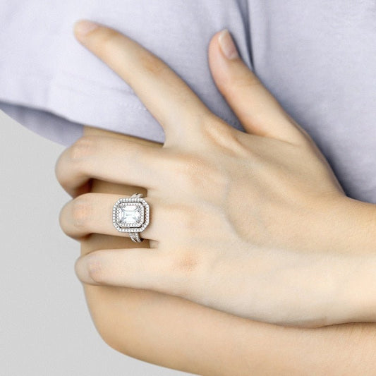 White Gold Emerald Cut Moissanite Halo Engagement Ring-Black Diamonds New York