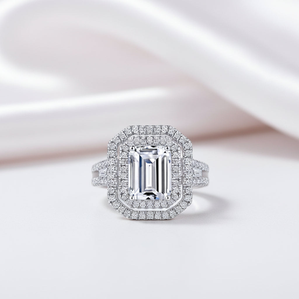 White Gold Emerald Cut Diamond Option Halo Engagement Ring-Black Diamonds New York