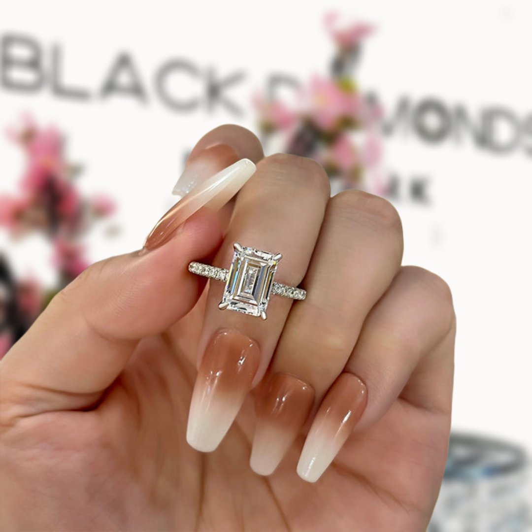 White Gold Emerald Cut Women's Engagement Ring - Black Diamonds New York