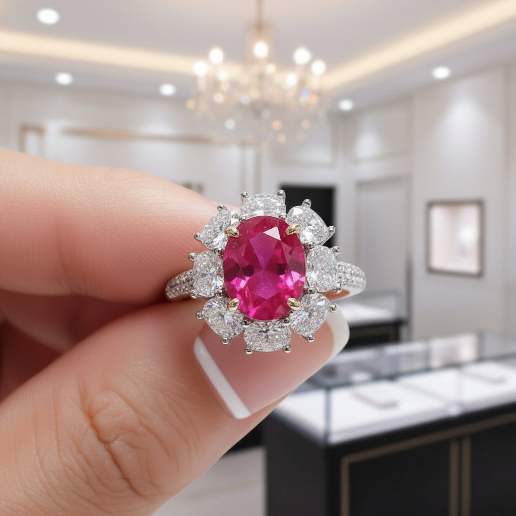White Gold Flower Shape Oval Cut Ruby Engagement Ring-Black Diamonds New York