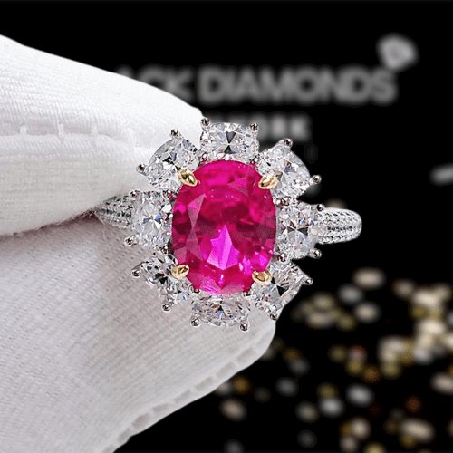 White Gold Flower Shape Oval Cut Ruby Engagement Ring - Black Diamonds New York