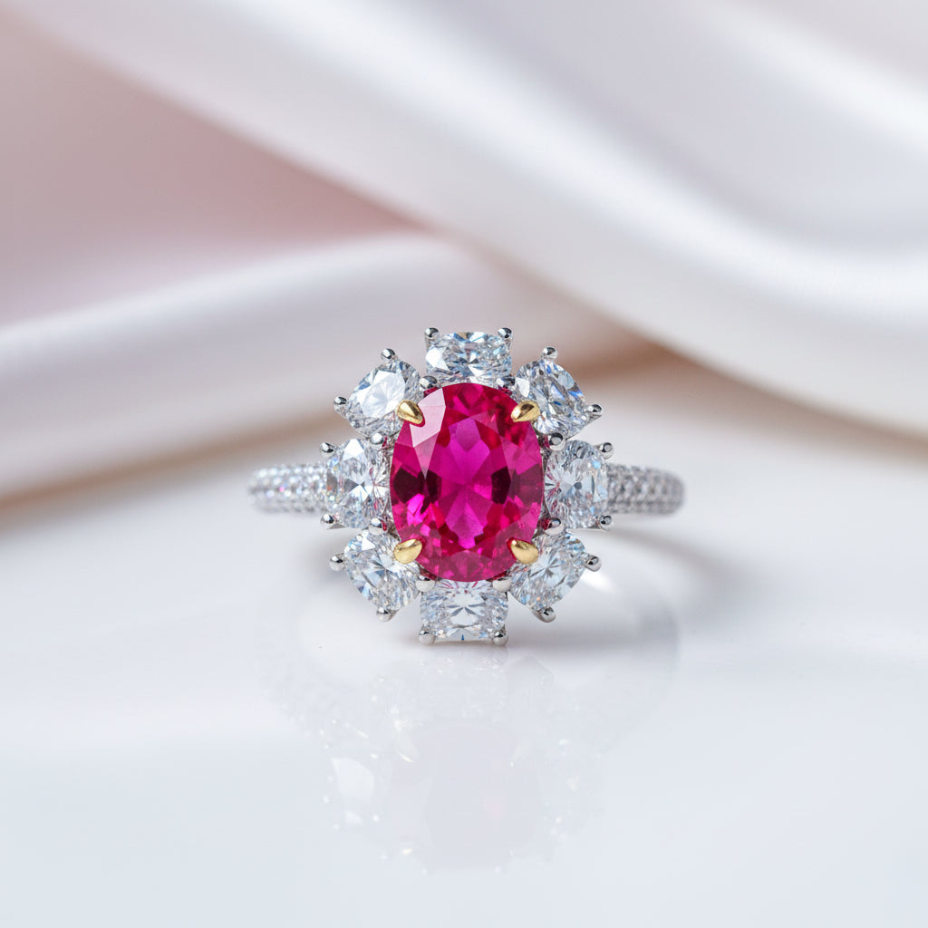 White Gold Flower Shape Oval Cut Ruby Engagement Ring-Black Diamonds New York