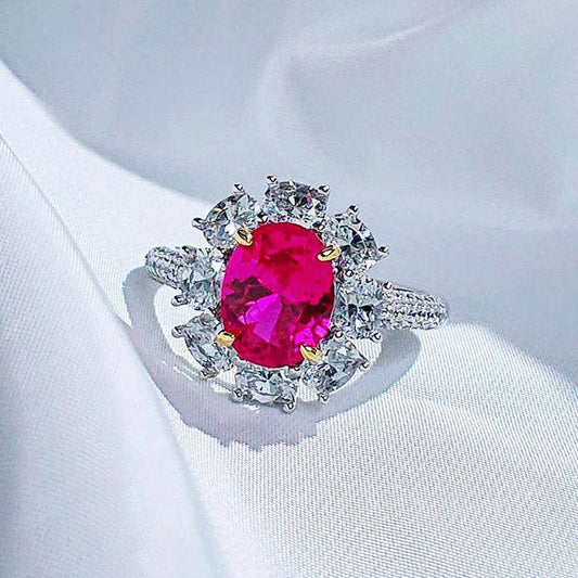 White Gold Flower Shape Oval Cut Ruby Engagement Ring