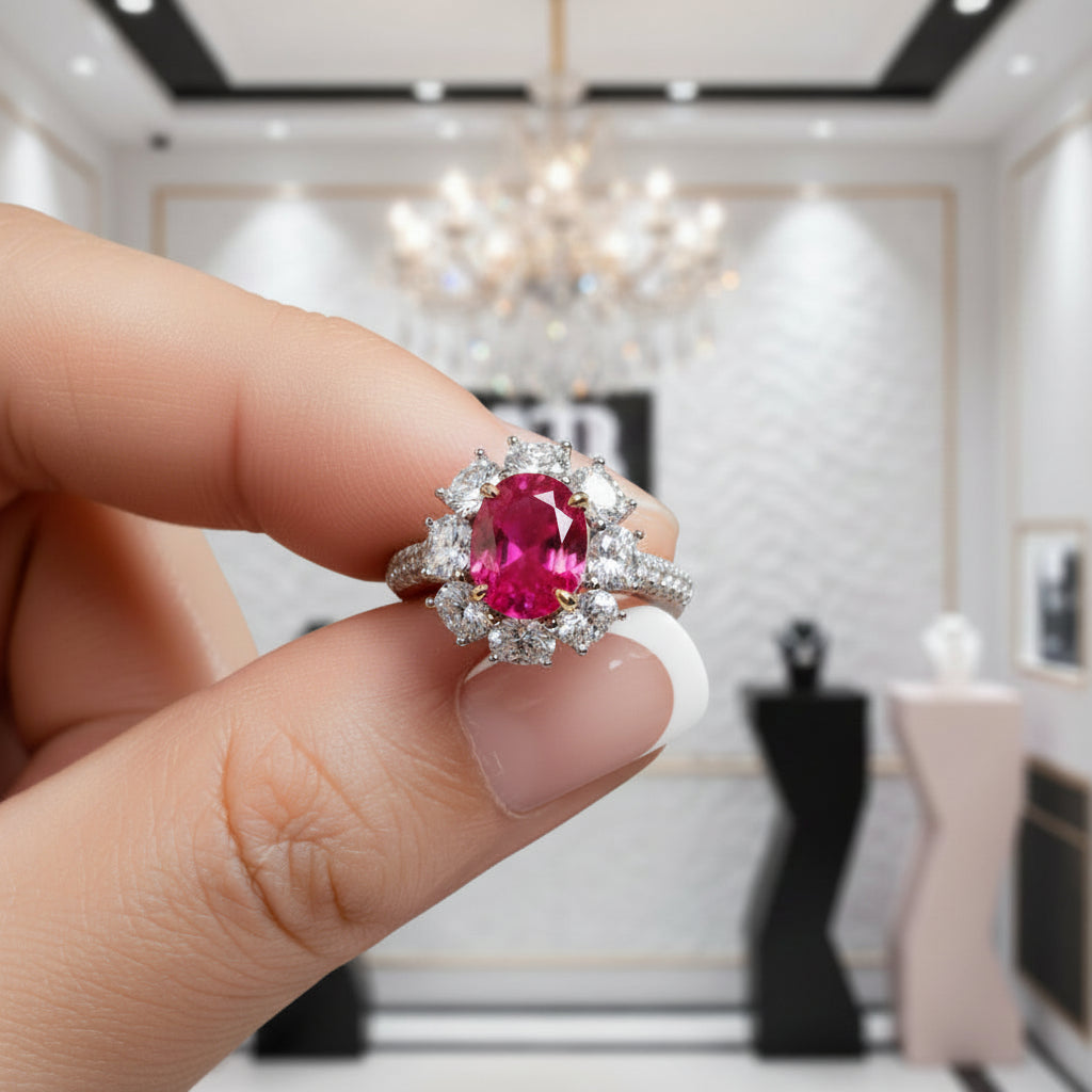 White Gold Flower Shape Oval Cut Ruby Engagement Ring-Black Diamonds New York