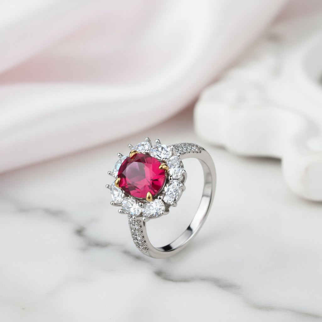White Gold Flower Shape Oval Cut Ruby Engagement Ring-Black Diamonds New York