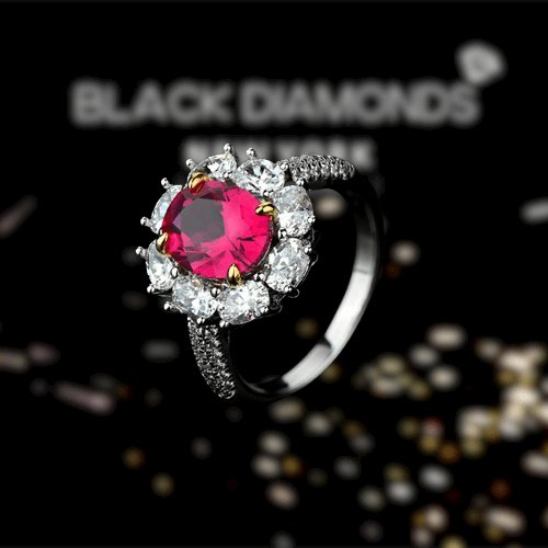 White Gold Flower Shape Oval Cut Ruby Engagement Ring-Black Diamonds New York