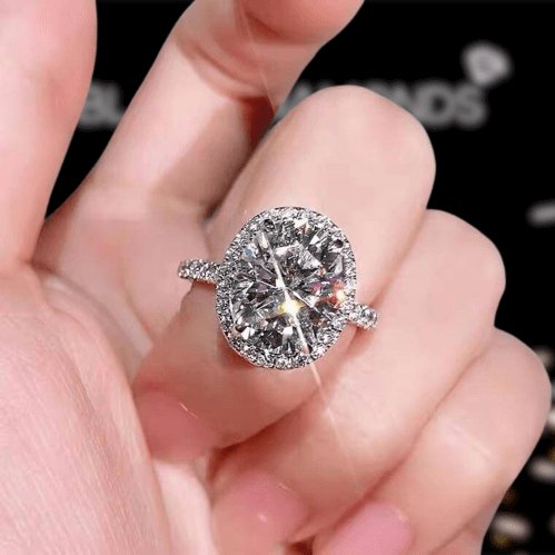 White Gold Halo Oval Cut Simulated Diamond Engagement Ring - Black Diamonds New York