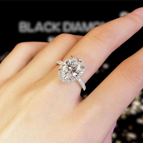 White Gold Halo Oval Cut Simulated Diamond Engagement Ring - Black Diamonds New York