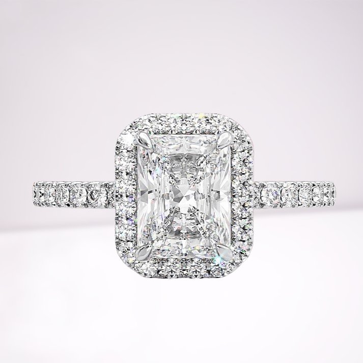 White Gold Halo Radiant Cut Sona Simulated Diamond Engagement Ring - Black Diamonds New York