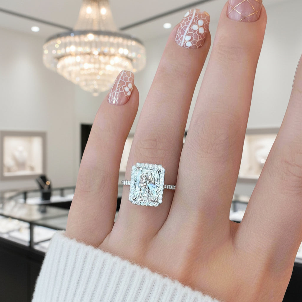 diamond dress rings white gold Lab Grown 5ct Oval Diamond Engagement Ring Hidden Halo 18K White Gold Five Star Jewelry Brokers