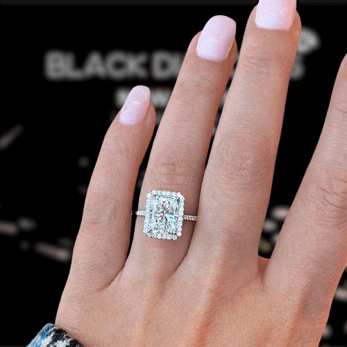 White Gold Halo Radiant Cut Sona Simulated Diamond Engagement Ring-Black Diamonds New York