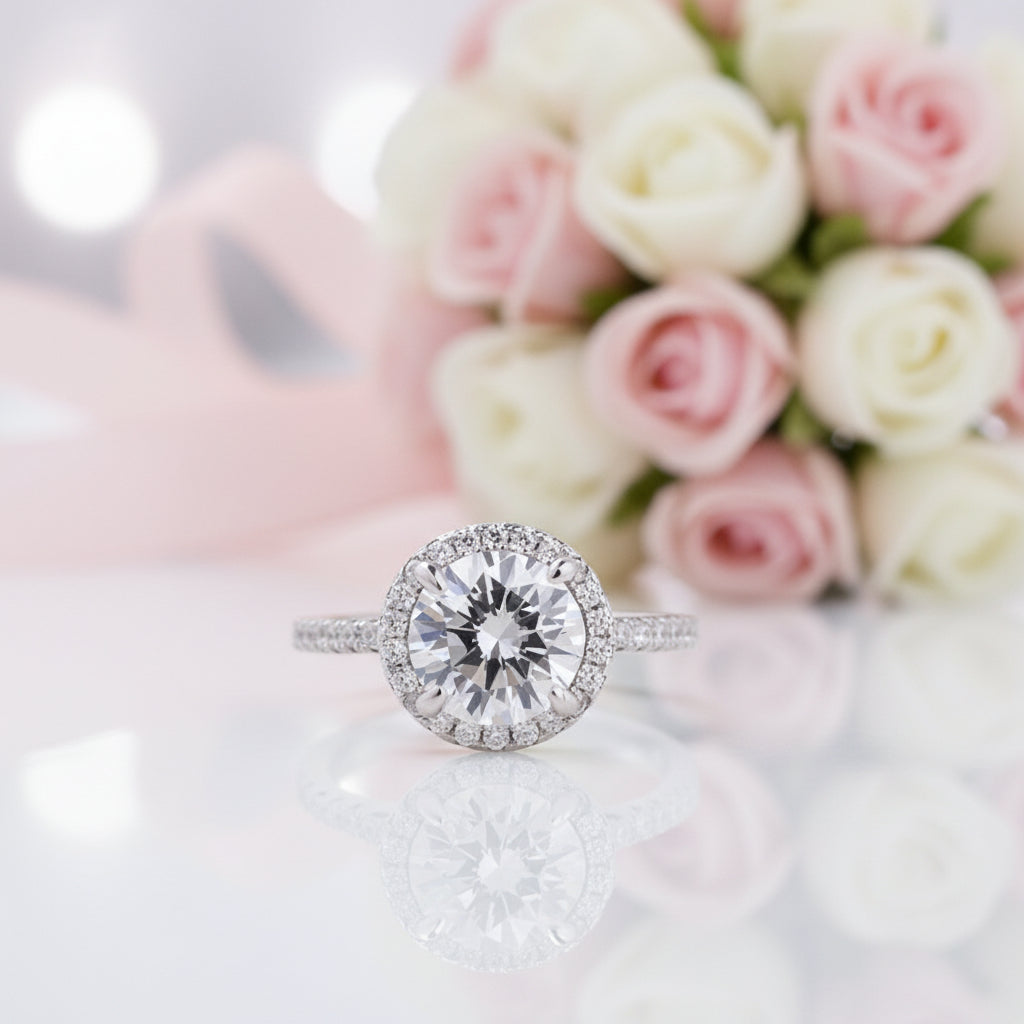 White Gold Halo Round Cut Engagement Ring-Black Diamonds New York