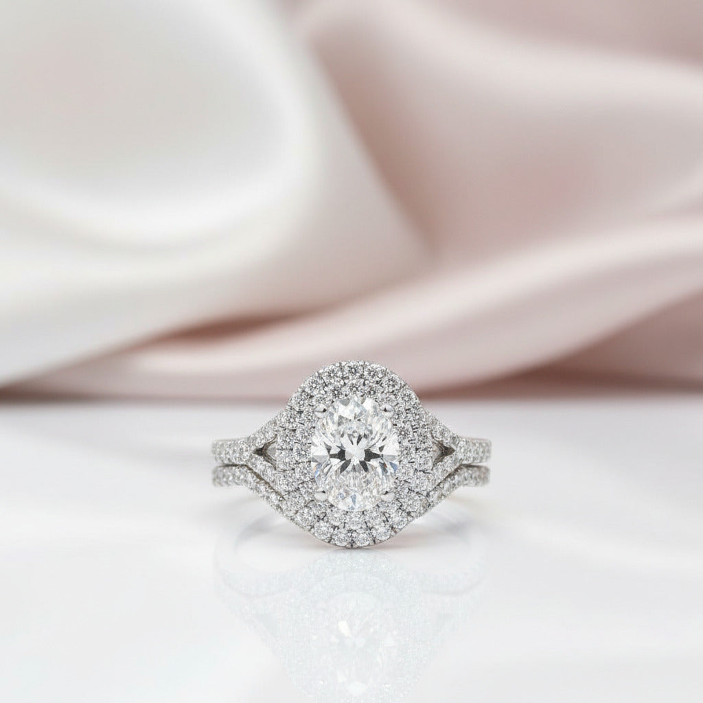 White Gold Oval Cut Diamond Option Double Halo Engagement Ring Set-Black Diamonds New York