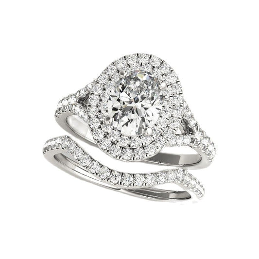 White Gold Oval Cut Diamond Double Halo Engagement Ring Set-Black Diamonds New York