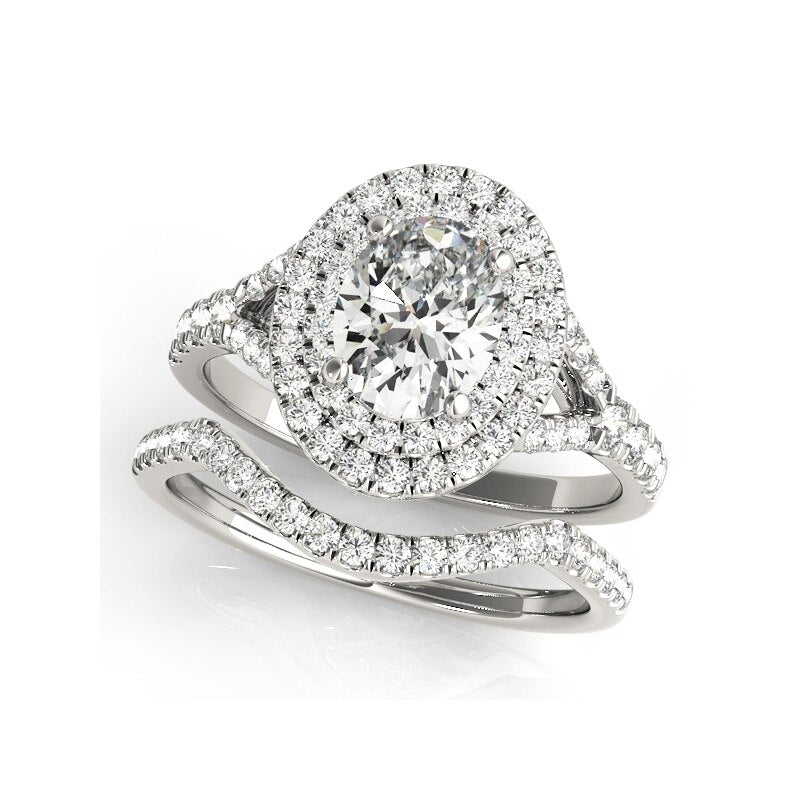 White Gold Oval Cut Moissanite Double Halo Engagement Ring Set-Black Diamonds New York