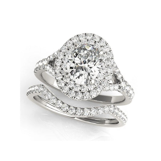 White Gold Oval Cut Moissanite Double Halo Engagement Ring Set - Black Diamonds New York