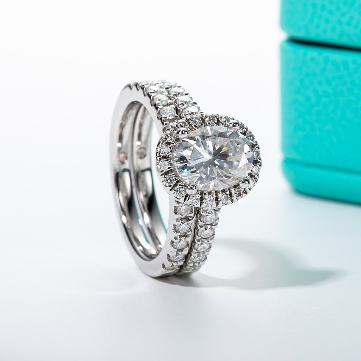 White Gold Oval Cut Diamond Halo Engagement Ring Set-Black Diamonds New York