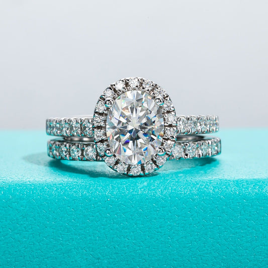 White Gold Oval Cut Moissanite Halo Engagement Ring Set-Black Diamonds New York