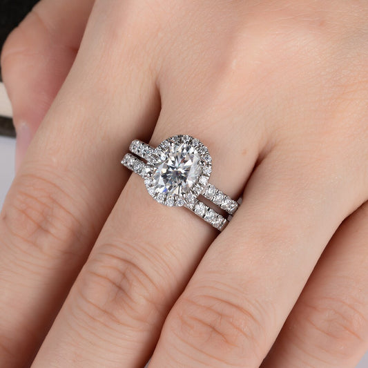 White Gold Oval Cut Diamond Halo Engagement Ring Set-Black Diamonds New York