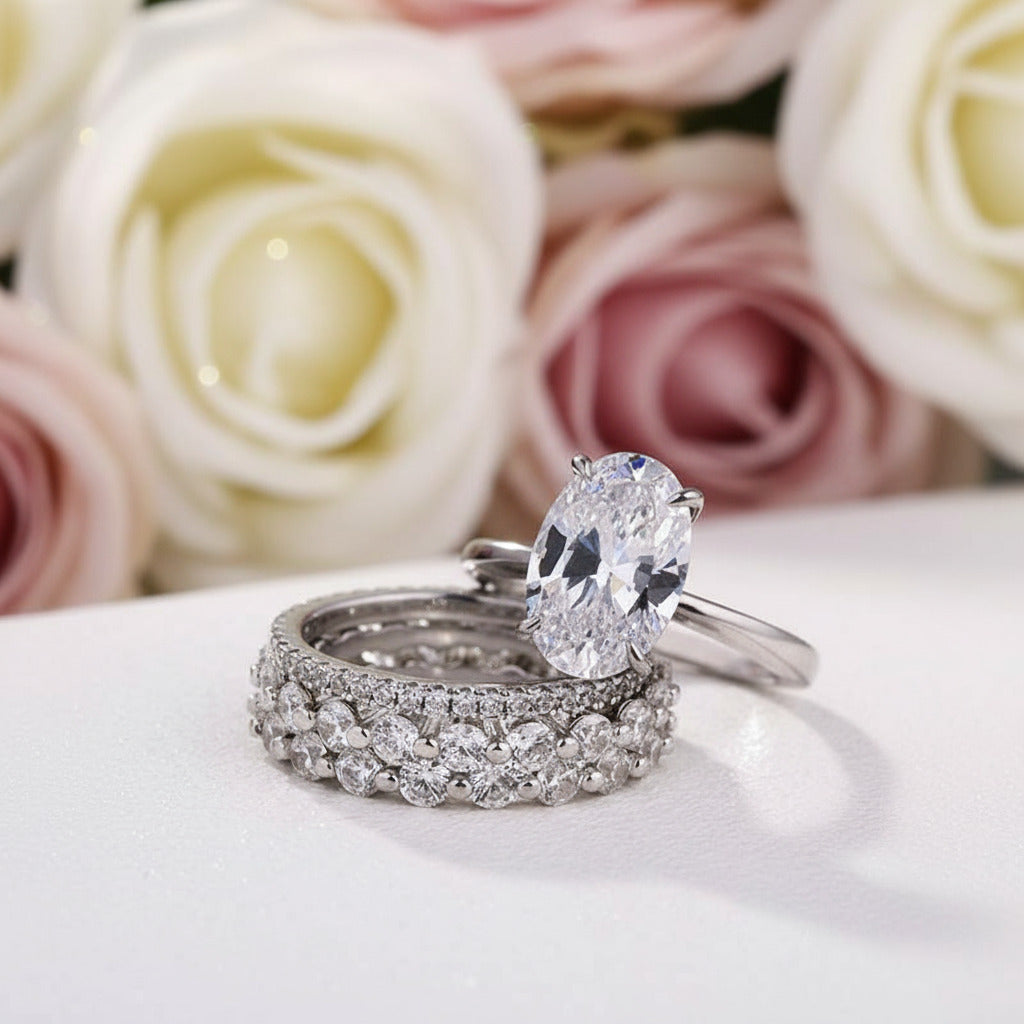 White Gold Oval Cut Simulated Diamond Bridal Ring Set-Black Diamonds New York