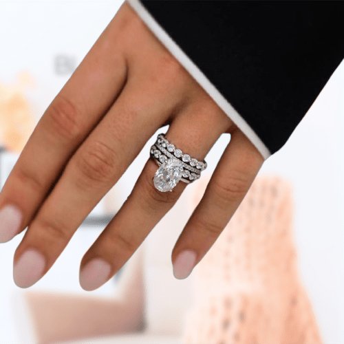 White Gold Oval Cut Simulated Diamond Bridal Ring Set - Black Diamonds New York