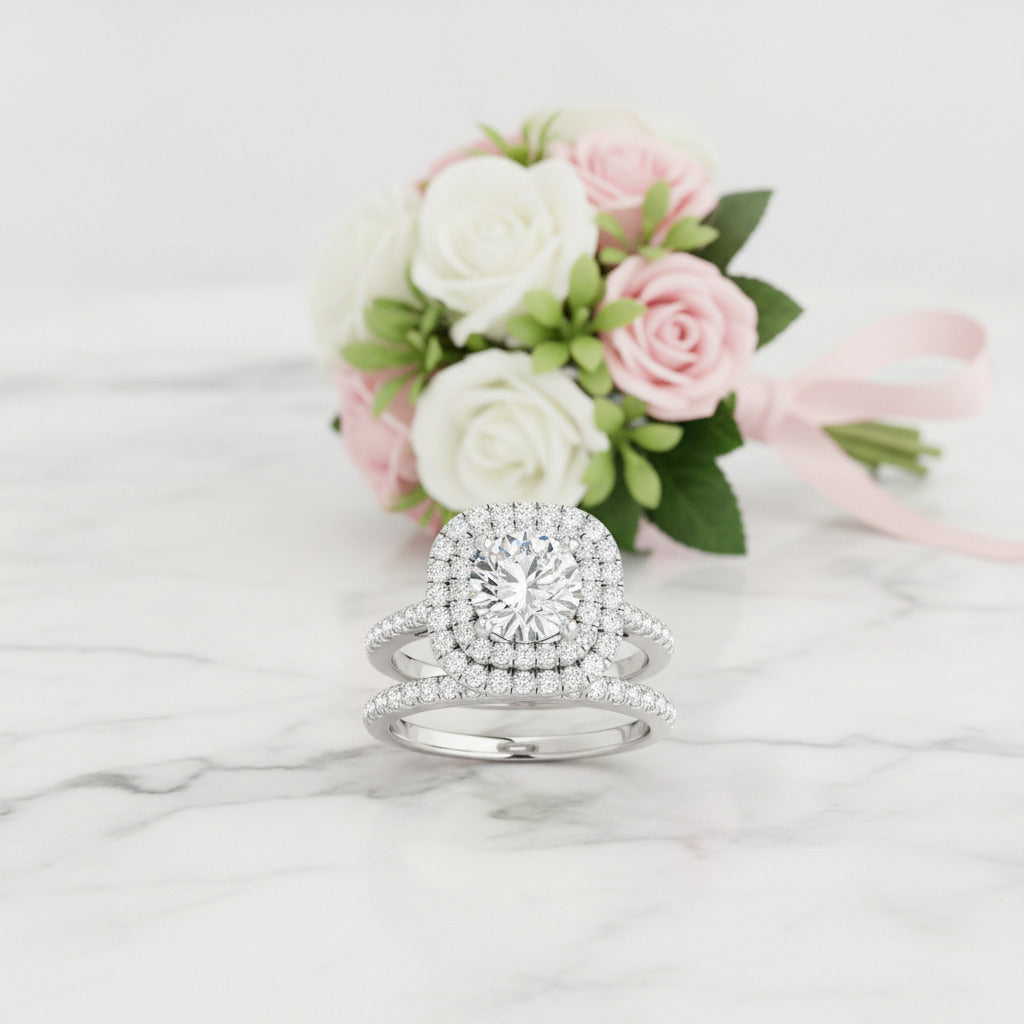 White Gold Round Cut Diamond Option Halo Engagement Ring Set-Black Diamonds New York