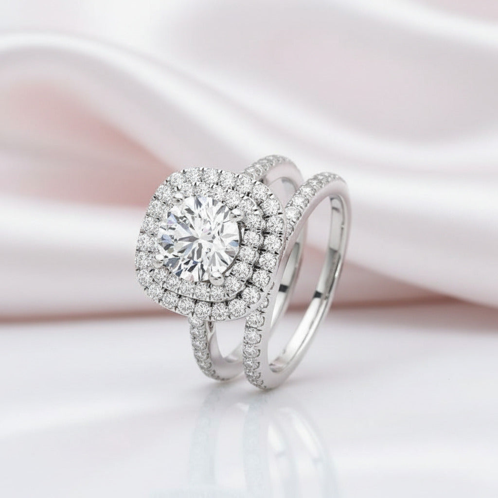 White Gold Round Cut Diamond Option Halo Engagement Ring Set-Black Diamonds New York