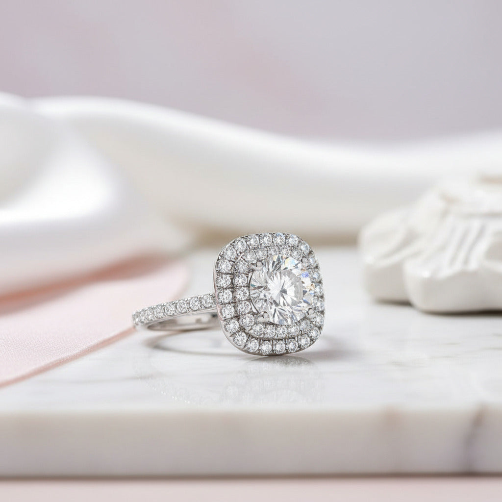 White Gold Round Cut Diamond Option Halo Engagement Ring Set-Black Diamonds New York