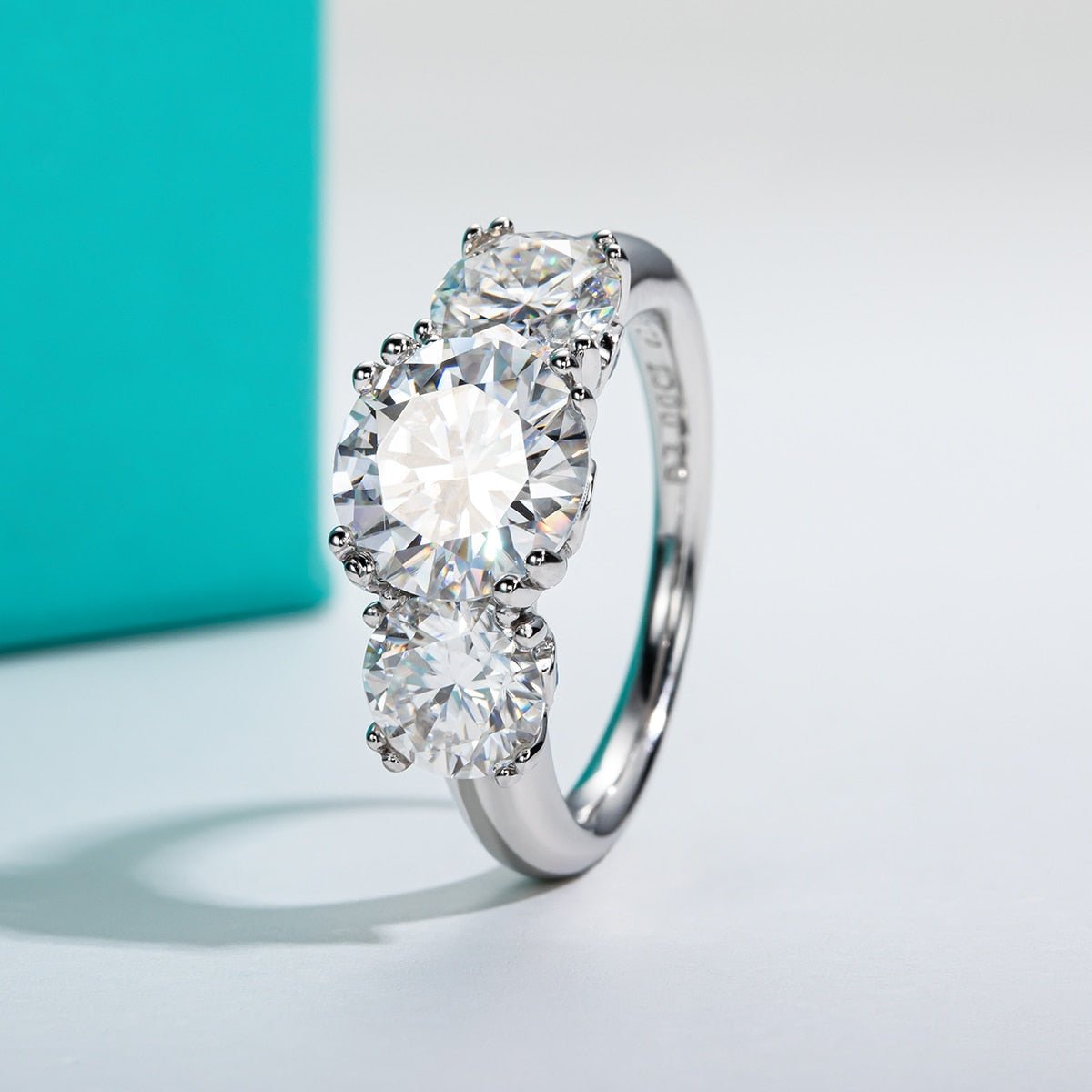 White Gold Round Cut Moissanite Three Stone Engagement Ring-Black Diamonds New York