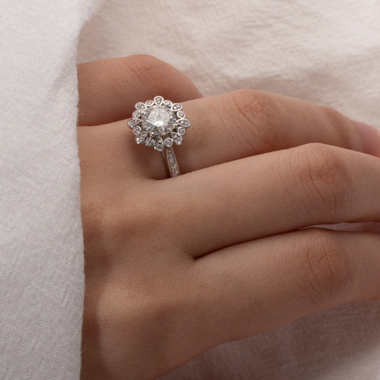 White Gold Sunflower 1.2ct Certified Moissanite Halo Engagement Ring - Black Diamonds New York