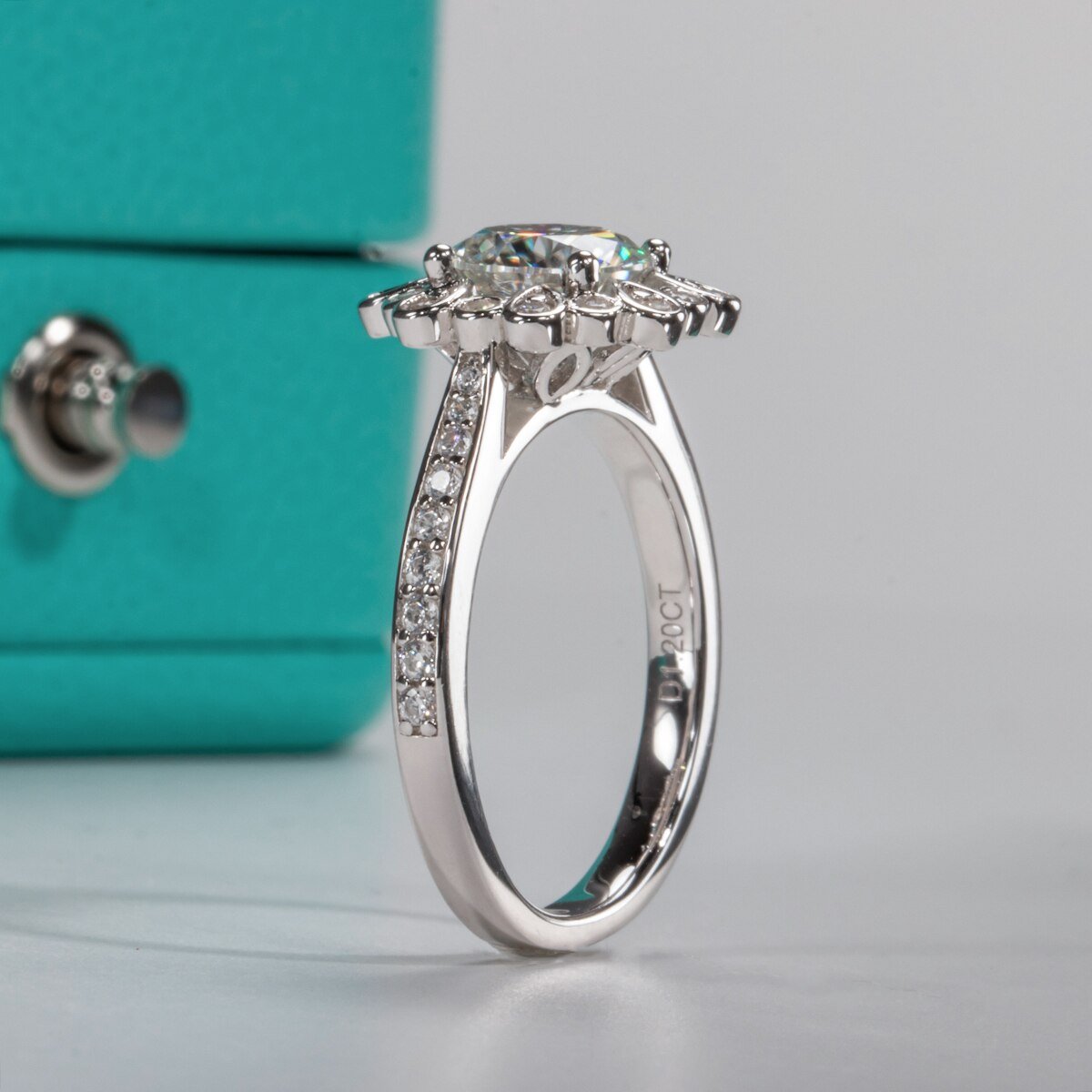 White Gold Sunflower 1.2ct Certified Moissanite Halo Engagement Ring-Black Diamonds New York