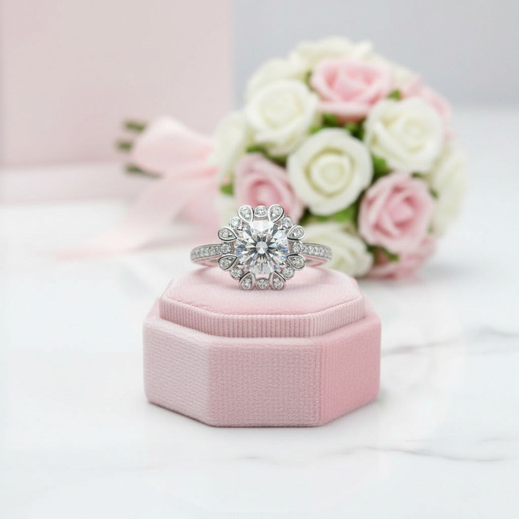 White Gold Sunflower 1.2ct Diamond Halo Engagement Ring-Black Diamonds New York