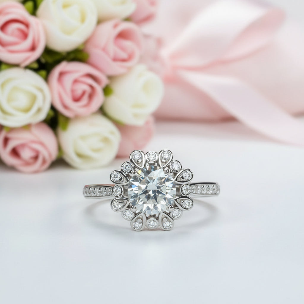 White Gold Sunflower 1.2ct Diamond Halo Engagement Ring-Black Diamonds New York