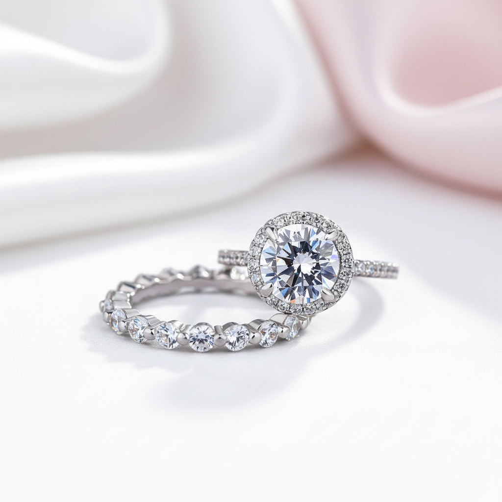 Stunning Halo Round Cut Simulated Diamond Option Wedding Ring Set-Black Diamonds New York