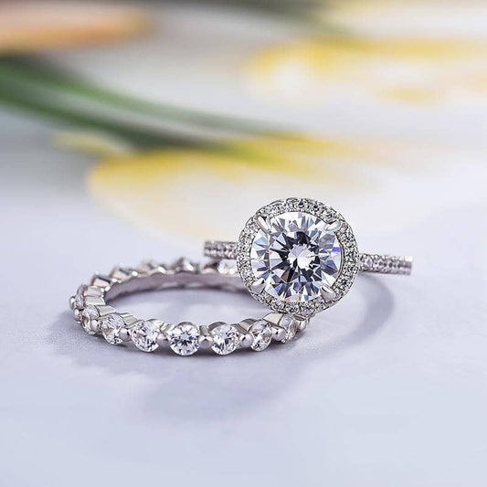 White Gold Wedding Ring Set in 2 carat Stunning Halo Round Cut Simulated Diamond - Black Diamonds New York